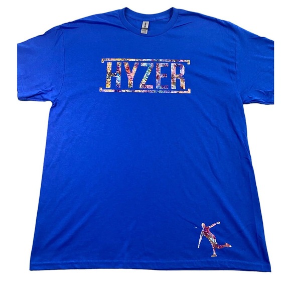 Disc Golf Shirt HYZER HOLOGRAPHIC RAINBOW Vinyl Custom Logo XL T-Shirt BLUE - Picture 6 of 6